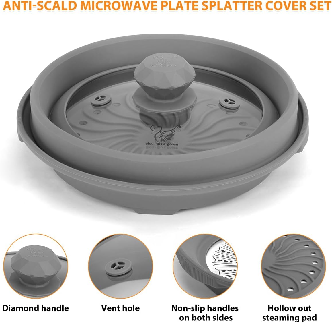 Microwave Splatter Silicone Cover Collapsible, Vented Multifunction Splash Lid with Glass Dish Bowl Plate for Food Cooking Bacon Maker, Dishwasher Safe BPA-Free 9 inch Cookware Set Grey