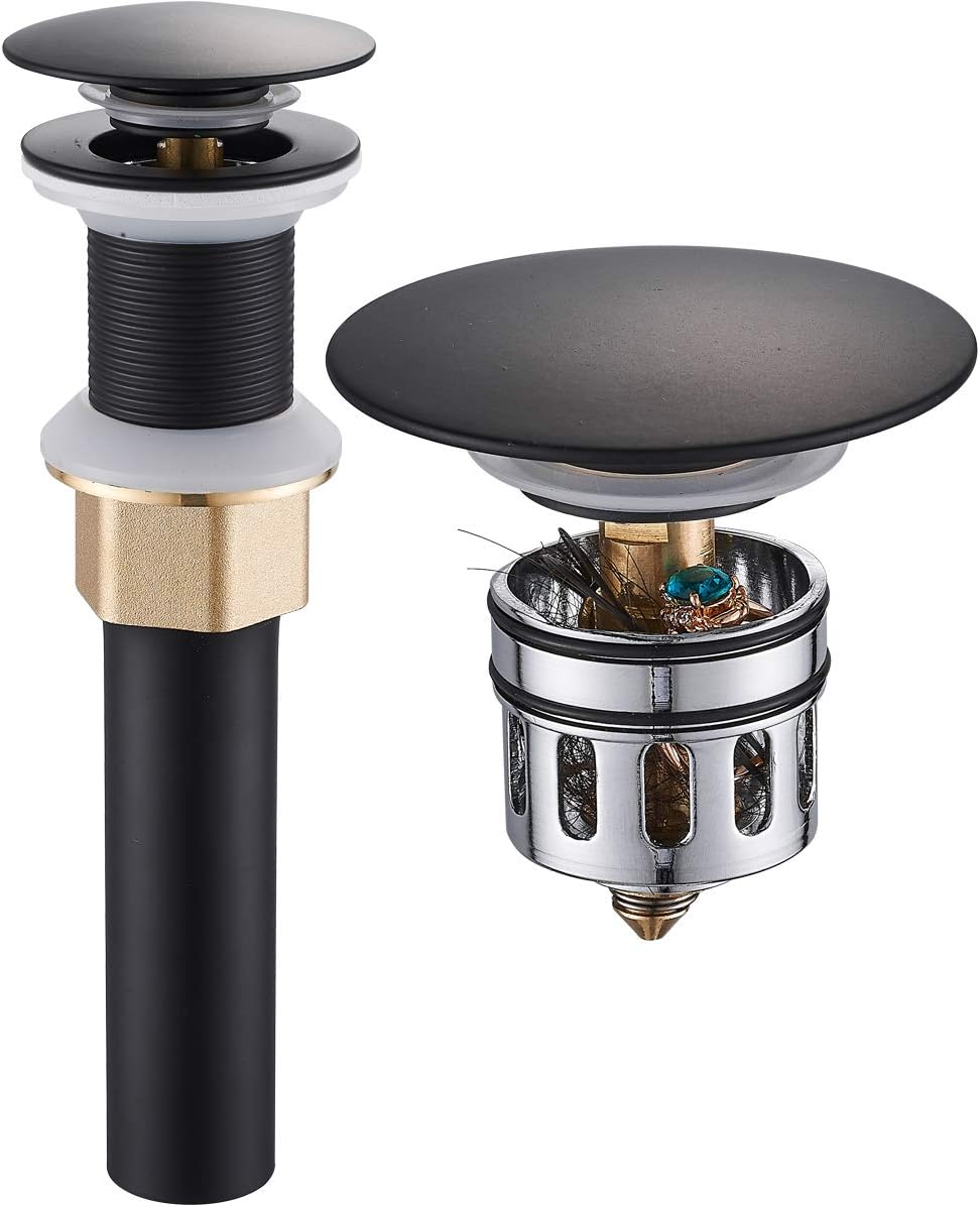 Pop Up Drain, Bathroom Faucet Vessel Vanity Sink Drain Stopper, Built-in Anti-Clogging Strainer, Without Overflow Matt Black,Fits Standard American Drain Hole(1-1/2" to 1-3/4") RWF082G