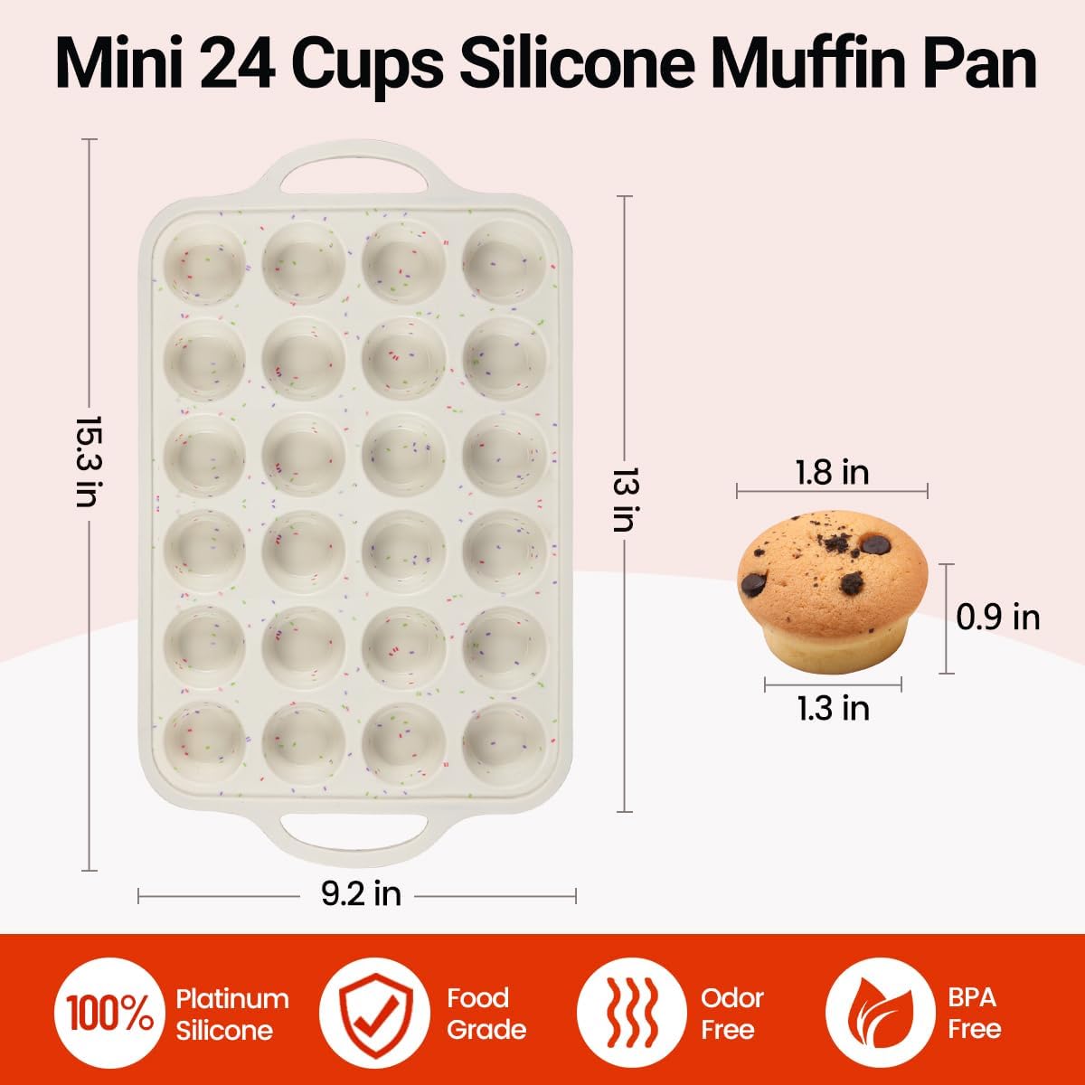 Mini Cupcake Pans, Metal Reinforced Frame Silicone Mini Muffin Pan Nonstick 24 Cups Easy to Handle for Baking Muffins, Cupcakes, Egg Bites 1 Pack