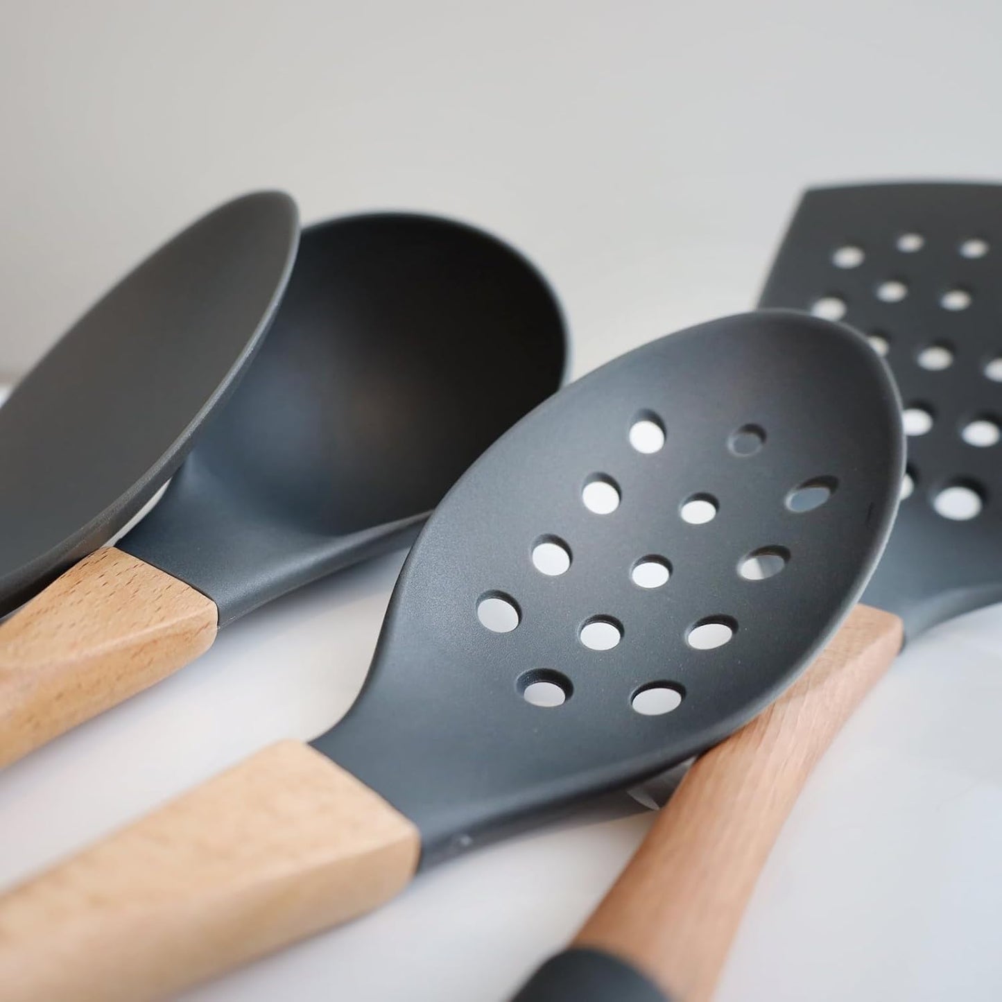 Beille Grey Nylon Slotted Spoon with Wooden Handle Kitchen Utensils High Heat Resistance, 13 Inch