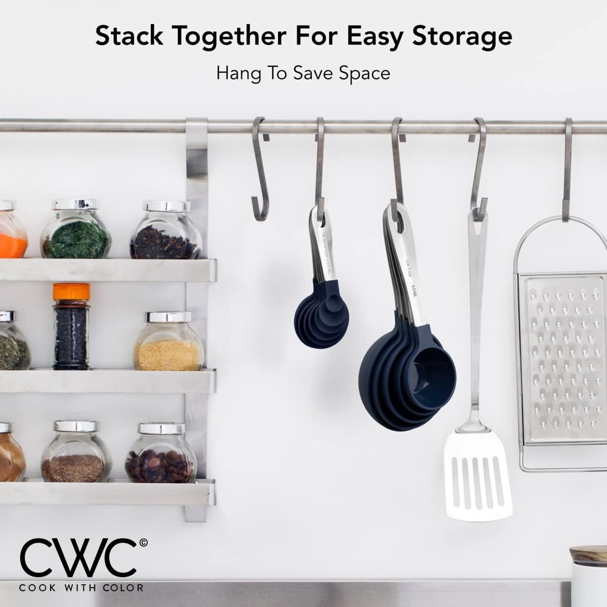 COOK WITH COLOR Measuring Cups Set and Measuring Spoon Set, Stainless Steel Handles, Nesting Kitchen Measuring Set, Liquid Measuring Cup Set, 12 PC Stainless Steel, Navy