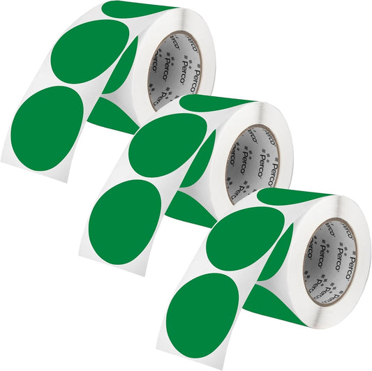 Perco Green 3-Inch Round Circle Dot Sticker Labels - Multi-Roll Pack (3 Rolls, 500 Labels Each) - Permanent Adhesive, Vibrant Colors, Strong Hold - Perforated for Easy Use - Made in USA