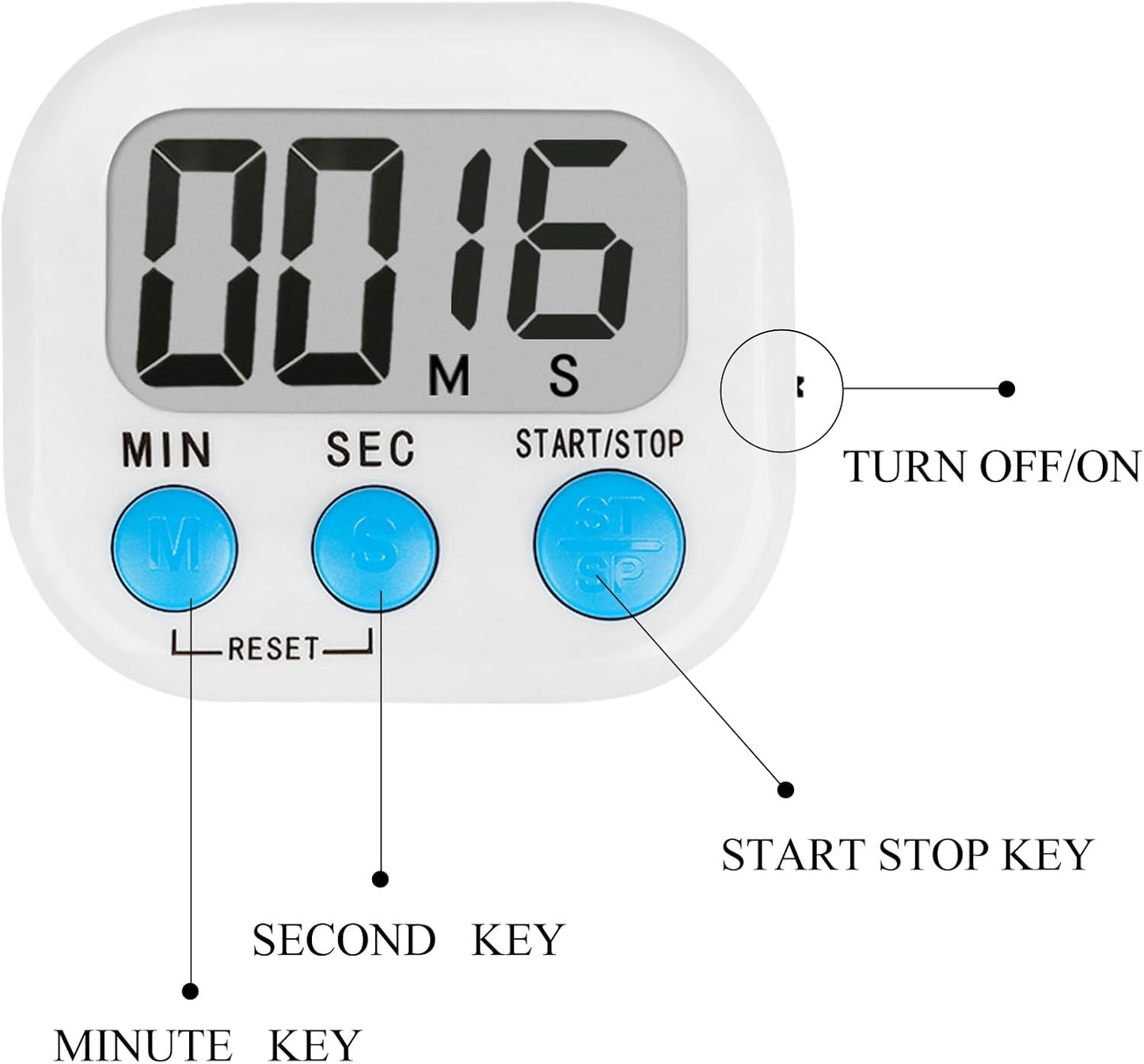 ZILLEEN Kitchen Timer Digital with Magnetic Back for Kids Classroom, White 6 Pack