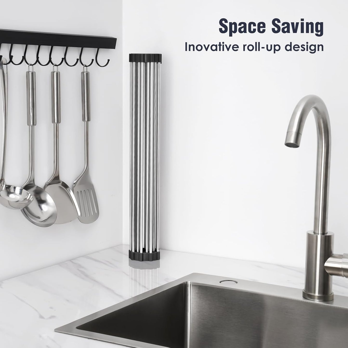 Tomorotec 17.7" x 15.5" Roll Up Dish Drying Rack Over Sink Drying Rack Sink Cover Kitchen Sink Accessories Gadget Multipurpose Organizer Foldable Stainless Steel Drainer