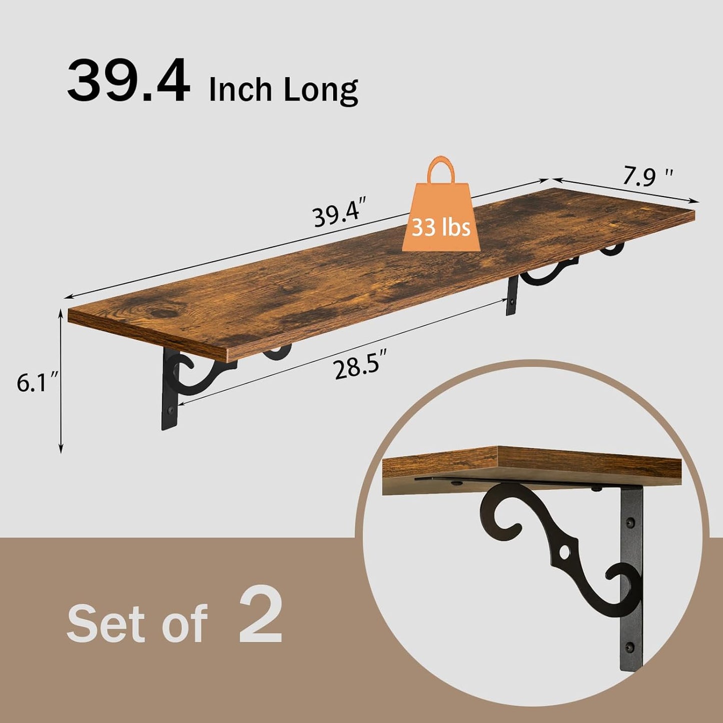 DINZI LVJ Long Wall Shelves, 39.4 Inch Large Floating Shelves Set of 2, Wide Display Shelf Wall Mounted with Brackets, Easy Hanging for Living Room, Toilet, Office, Bedroom, Rustic Brown