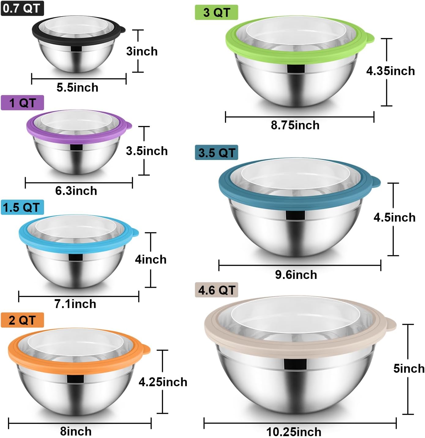 E-far Mixing Bowls Set of 7, Stainless Steel Mixing Bowls with Airtight Clear Lids, Metal Nesting Bowls for Kitchen Prep, Baking, Serving, Dishwasher Safe, Size 4.6, 3.5, 3, 2, 1.5, 1, 0.7QT, Colorful