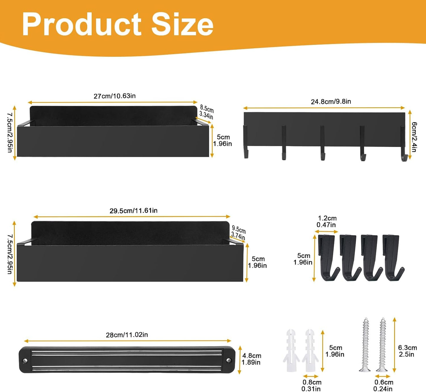 4 Pack Magnetic Spice Rack for Refrigerator,Metal Magnetic Shelf Black with Hook,Magnetic Knife Rack,4 Hooks,Space Saving for Home,Kitchen