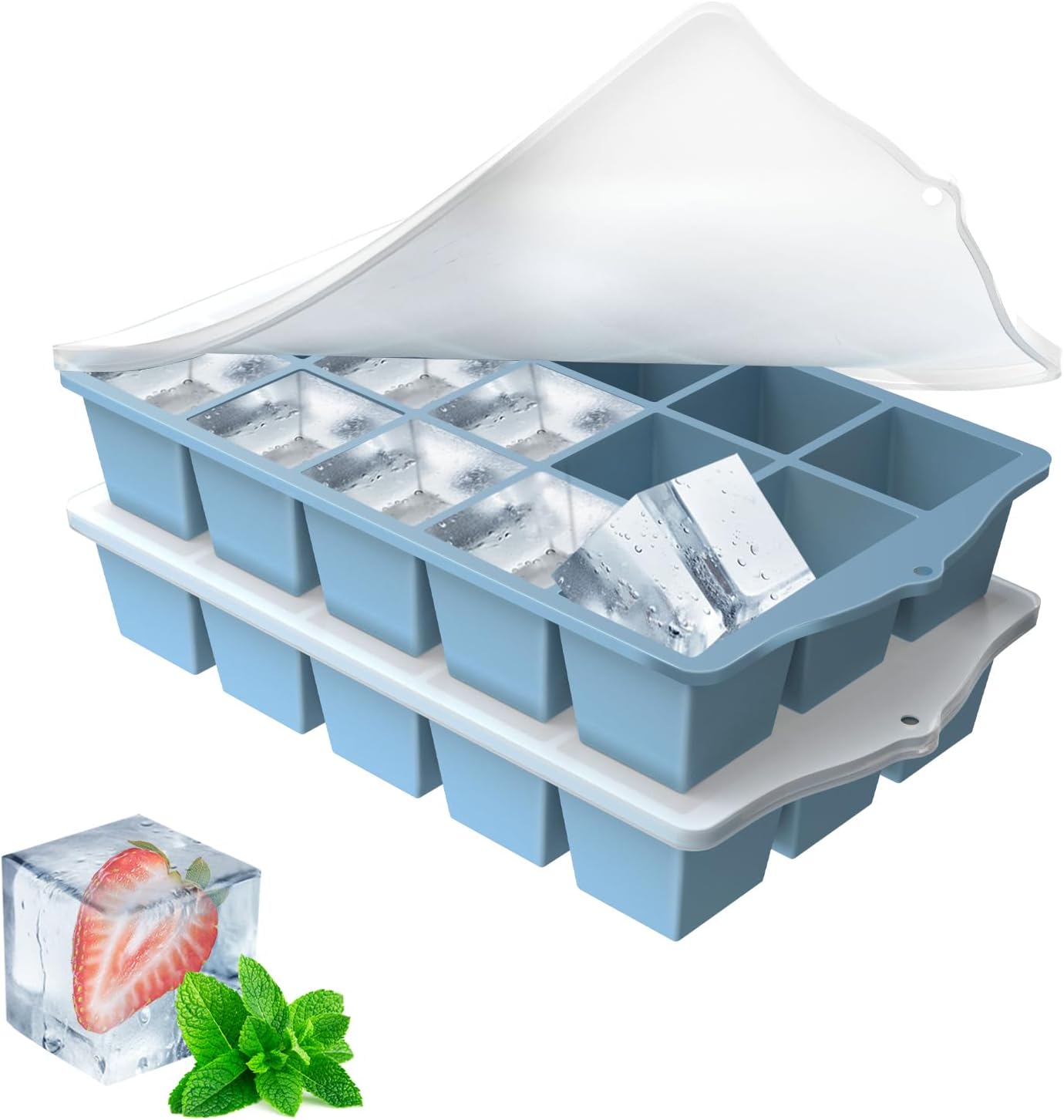 Silicone Ice Cube Tray, 2 Pack Easy-Release Stackable Ice Trays for Freezer with Lid 15 Reusable Cubes, Food Grade BPA Free Ice Molds for Whiskey, Baby Food, Coffee, Cocktail, Drinks (Blue)