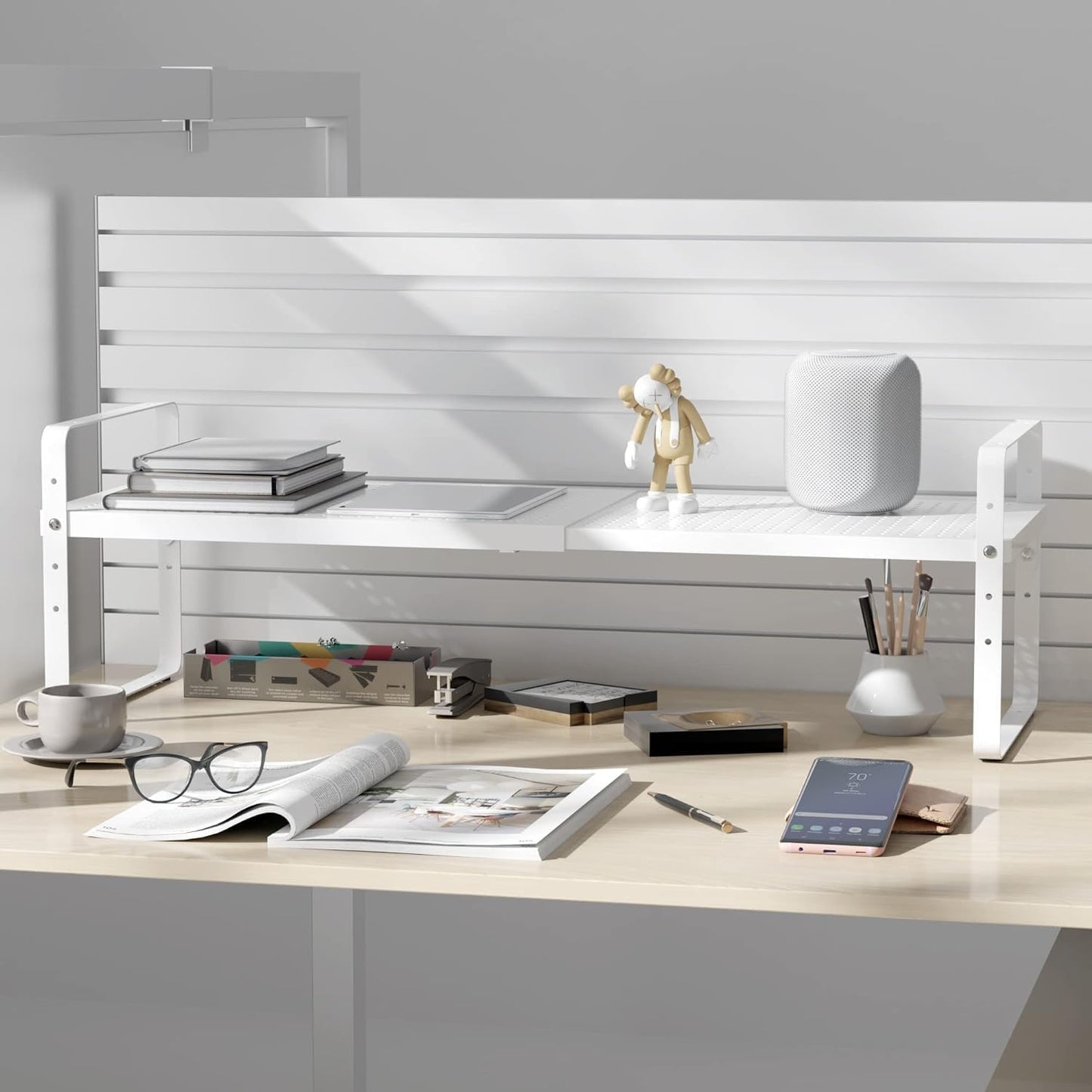 Expandable Cabinet Shelf Organizer Adjustable Metal Spice Rack Stackable Freestanding Counter Storage Shelves for Kitchen Cabinet Under Sink Office Desk (White - 3Pack - L16.5-27'' * W8'' * H9.6'')