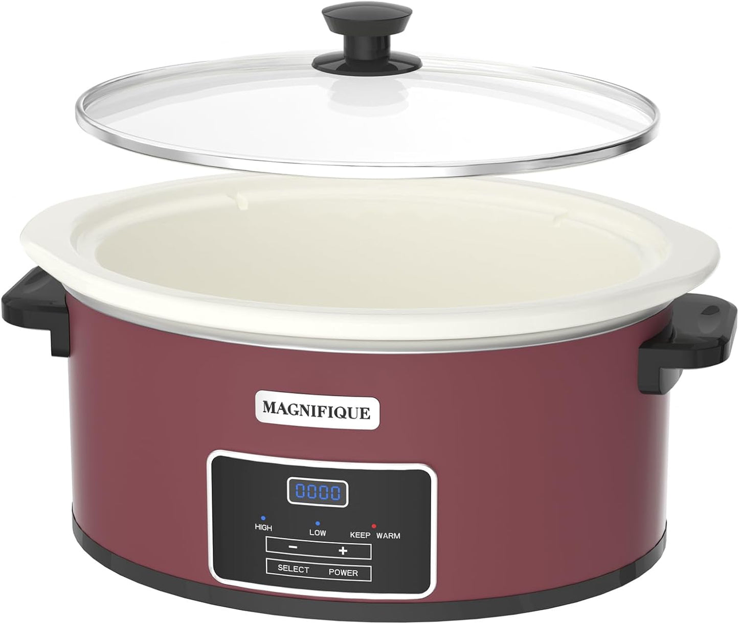 7-Quart Programmable Slow Cooker with Timer Keep Warm - Small Kitchen Appliance for Family Dinners - Serves 6+ People (Red Shell + White Ceramic Liner)