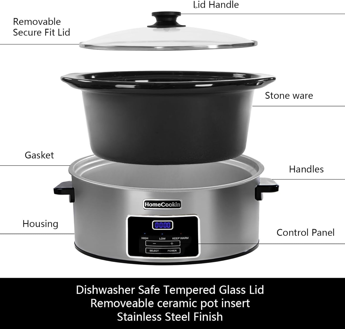 HOMECOOKIN 7-Quart Programmable Slow Cooker with Keep Warm Setting, Digital Timer - Perfect Kitchen Small Appliance for Family Dinners - Large Enough to Serve 8+ People