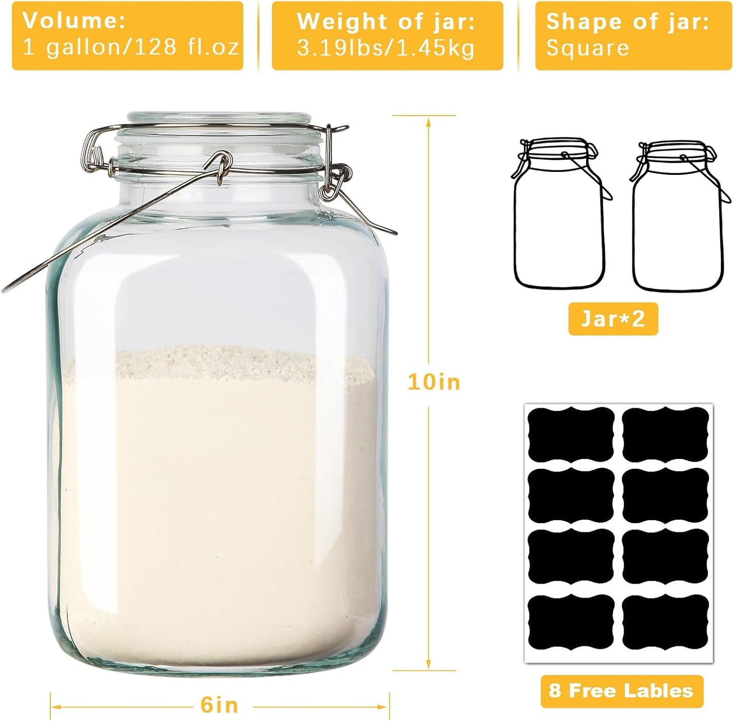 1 Gallon Airtight Glass Food Storage Jars Set of 2 with Lids, Extra Large Glass Storage Containers with Handle for Flour, Cereal, Coffee and Canning, Square Mason Jars with 8 Chalkboard Labels