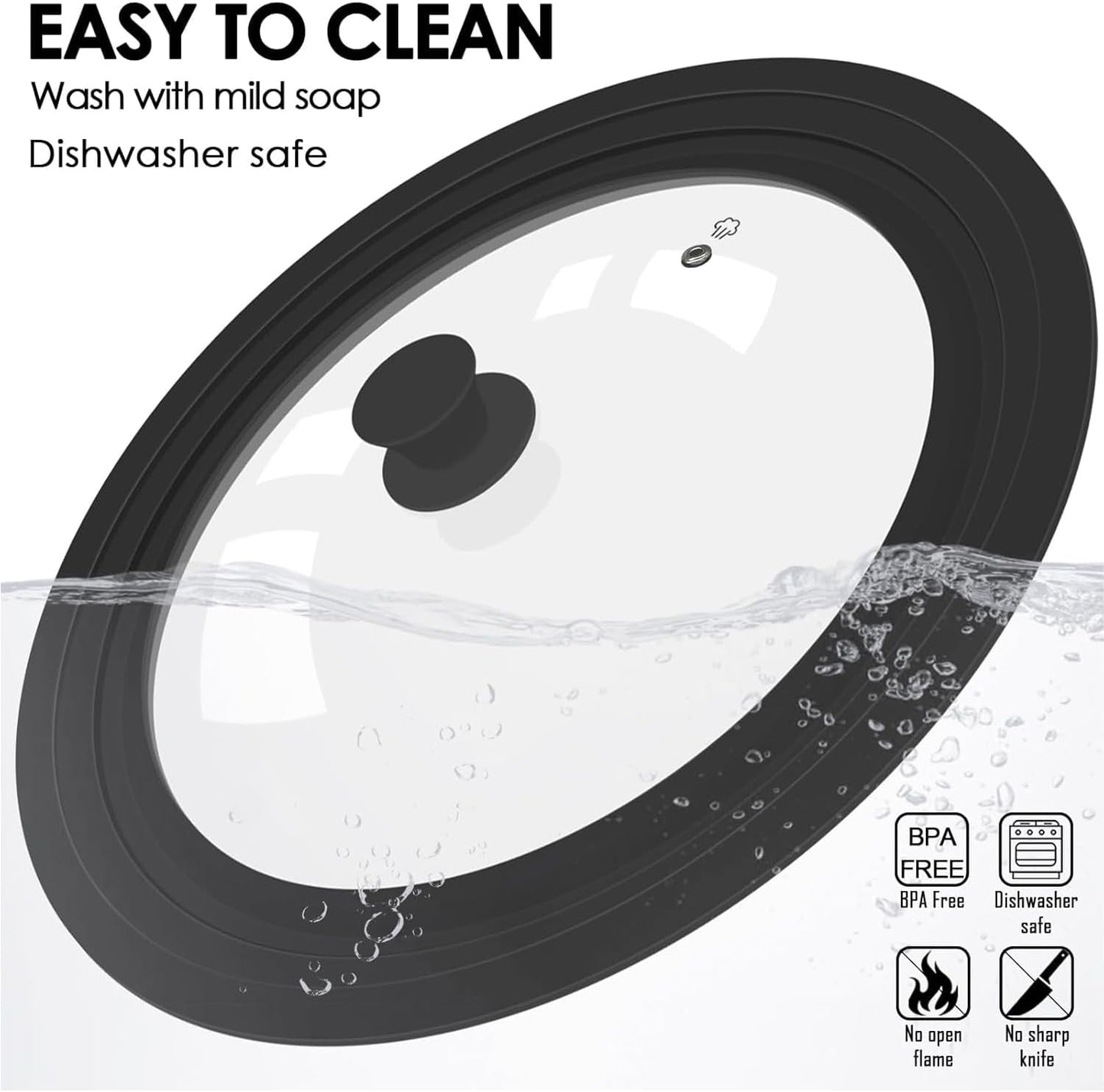 Universal Lid for Pots, Pans and Skillets, Tempered Glass Lid fit 11", 12", 12.5" Skillets, Pots, Frying Pans, Cast Iron, Crock Pot and Other Glass Covers Replacement