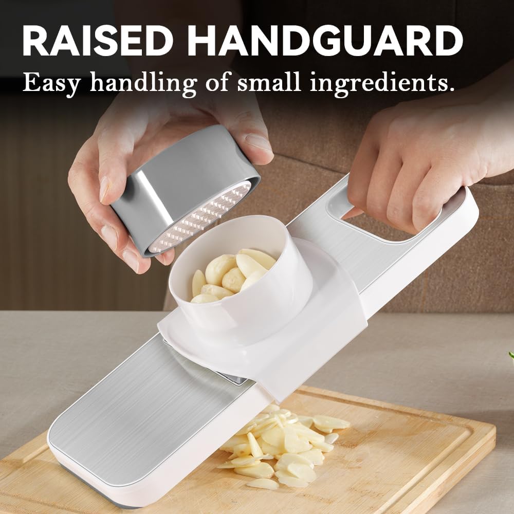 KEOUKE Multifunctional Mandoline Slicer Stainless Steel Surface - Interchangeable 6 Blades, Magnetic Back Handheld Vegetable Cutter with Hand Guard for Kitchen, Onion, Garlic, Safe Food Slicer