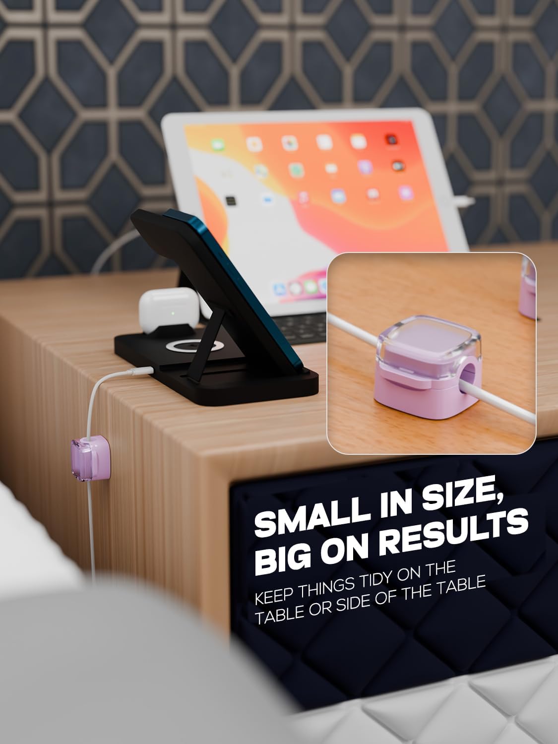 6-Pack Magnetic Cord Holder, Cord Holder with Strong Magnetic Lid, Holds Cables Firmly, 7 mm Charger Holder & HDMI Cord Organizer Clips, Strong Adhesive Pad (Purple)