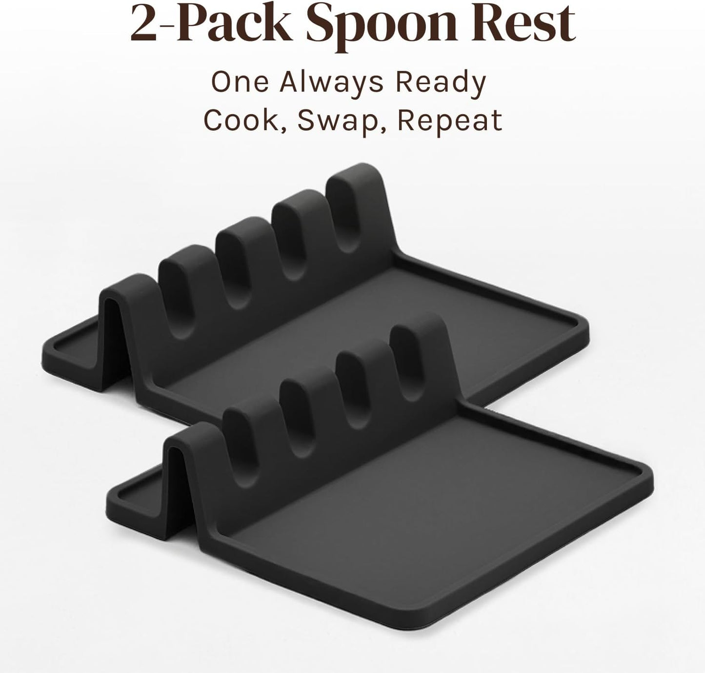 Black Silicone Spoon Rest for Stove Top with Drip Pad (Two Pack) - Heat-Resistant, BPA-Free Utensil Rest & Spoon Holder for Kitchen Counter - Grill Utensil Holder for Spatulas, Tongs, Ladles
