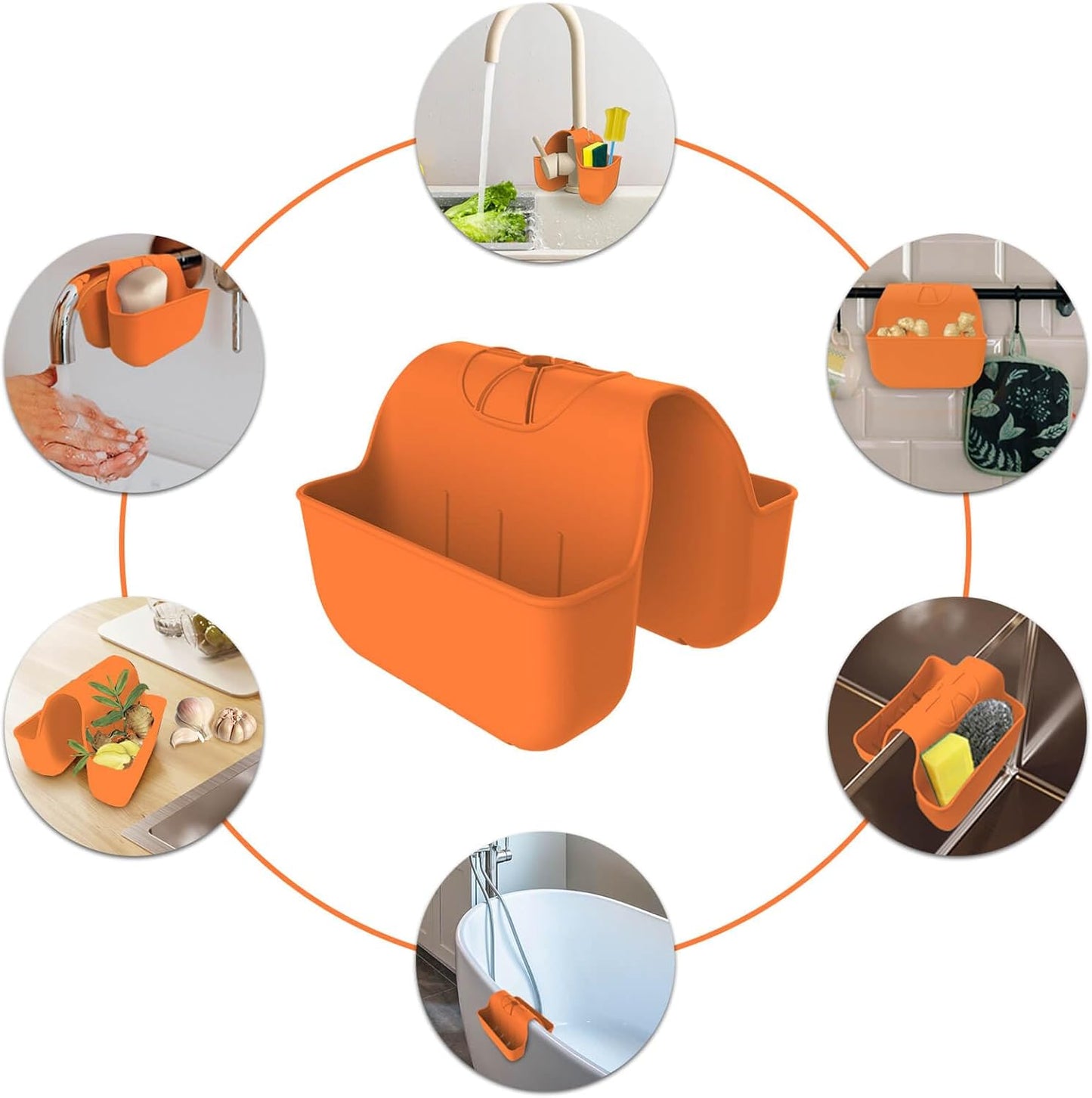 Sponge Holder for Kitchen Sink, Silicone Sink Saddle Caddy Organizer Rack, Sponges Holder Over Faucet, Hanging Kitchen Organizer Accessories Rack Basket Orange