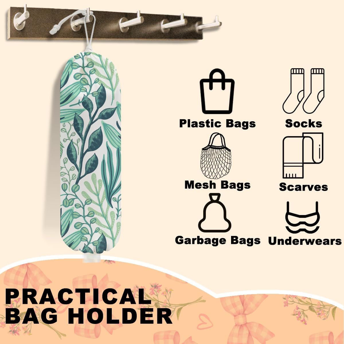 2Pcs Tropical Green Leaves Plastic Bag Holder 22.5x9 Inch, Wall Mount Grocery Bag Holder for Plastic Bags, Nature Greenery Reusable Grocery Bags Storage Dispenser for Home Kitchen Decor