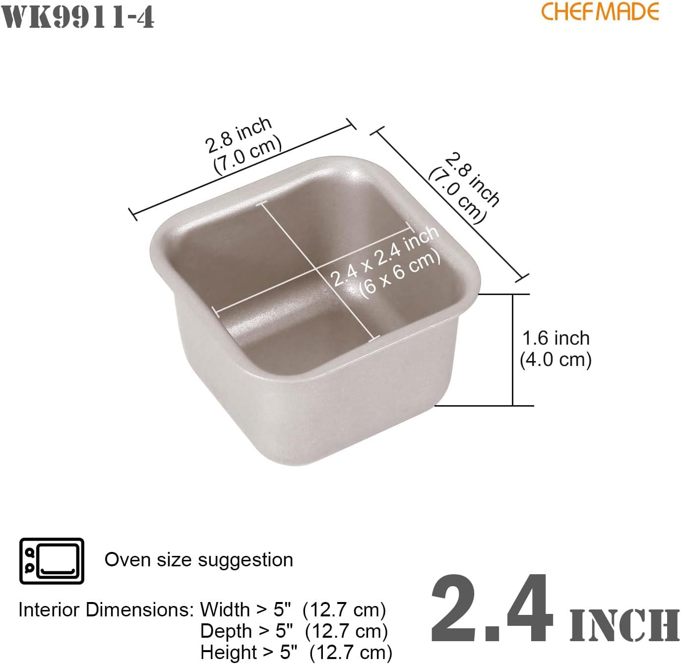 CHEFMADE Mini Brownie Cake Pan Set, 2.4-Inch 4Pcs Non-Stick Square Muffin Pan Blondie Bakeware for Oven and Instant Pot Baking (Champagne Gold)