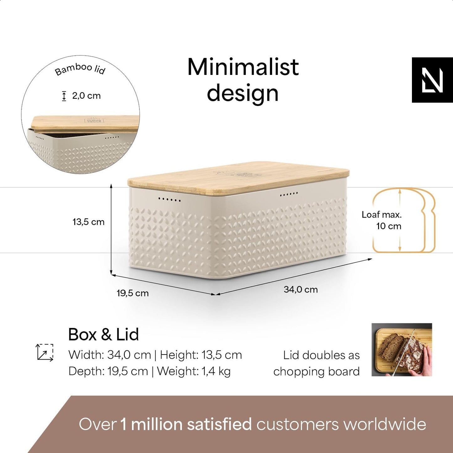 LARS NYSØM Bread Box I Metal Box with linen bag for long lasting freshness I Bread Bin with bamboo lid usable as cutting board I 13.4x7.3x5.3In (Taupe Brown)