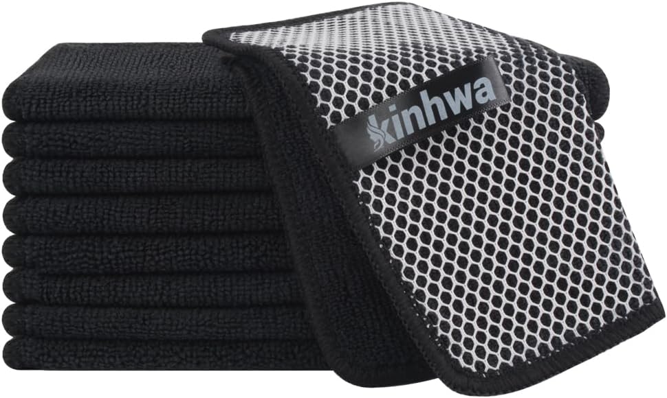 KinHwa Kitchen Washcloths for Dishes Absorbent Microfiber Dish Cloths Quick Dry Dish Rags with Poly Scour Scrub Side Ideal for Kitchen Cleaning (Black, 7inchx7inch 9 Pack)