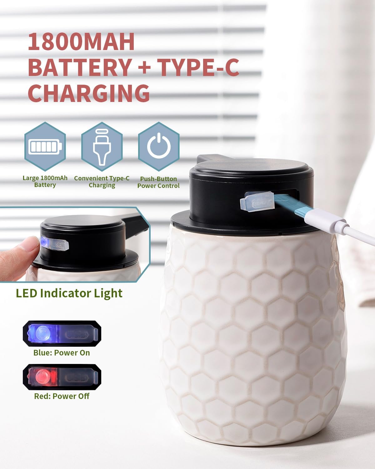 Automatic Soap Dispenser, Touchless Liquid Dish Soap Dispenser 13OZ/384ml, Ceramic White Dispenser Bathroom Kitchen, Waterproof, USB C Rechargeable, ANTIS'S HOME