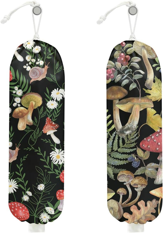 2Pcs Mushroom Plastic Bag Holder, Wall Mount Grocery Bag Holder for Plastic Bags, Summer Leaves Reusable Shopping Bags Storage Dispenser for Home Kitchen Pantry, Mushroom Gifts for Women