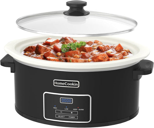HOMECOOKIN 6-Quart Programmable Slow Cooker with Timer - Small Kitchen Appliance for Family Dinners - Serves 6+ People - Heat Settings: Keep Warm(Black)