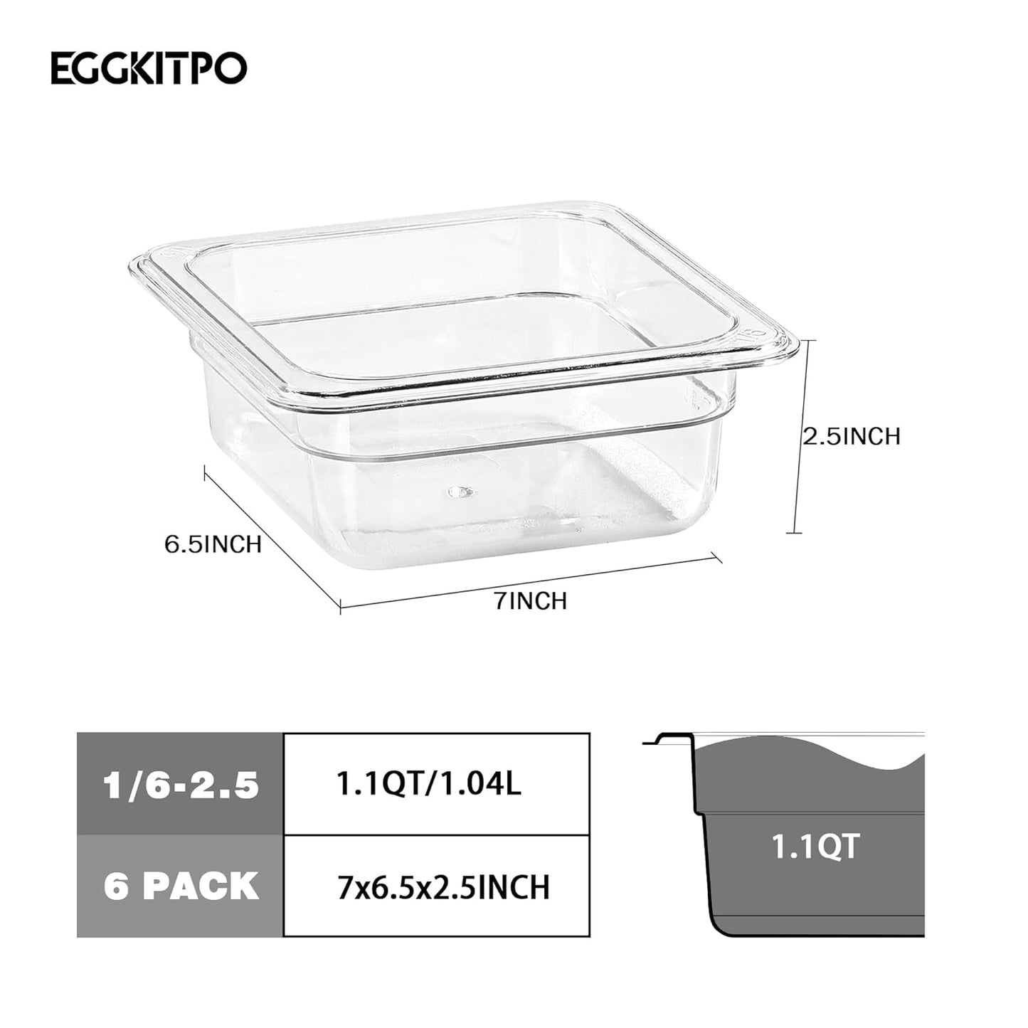 6-Pack Half Size Food Pan 2.5 Inch Deep Food Storage Container for Commercial Business Clear Stackable Polycarbonate Pans for Food Prep BPA Free Freezer-safe