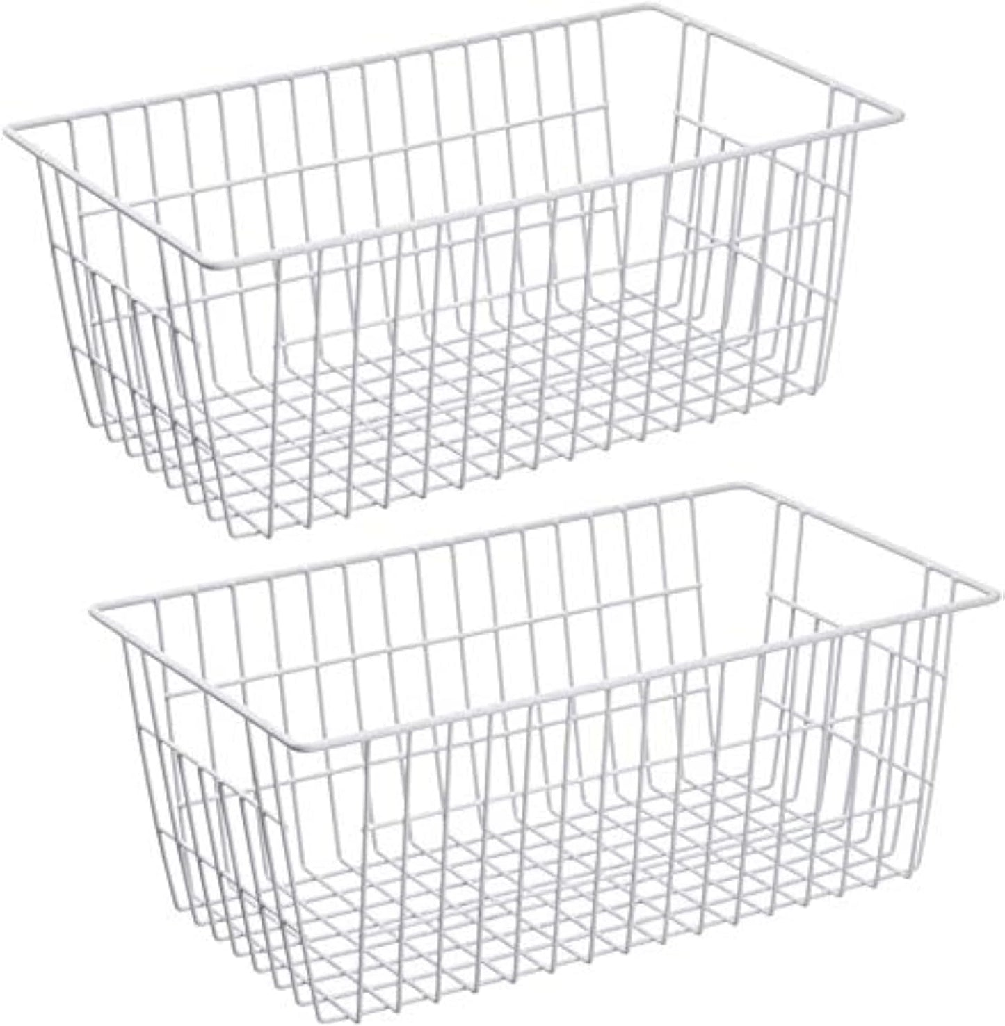 Slideep Freezer Baskets Farmhouse Organizer Storage Basket with Handles, Food Storage Bin for Kitchen Cabinets, Pantry, Closet, Bedroom, Bathroom, Office, 2 Pack, White