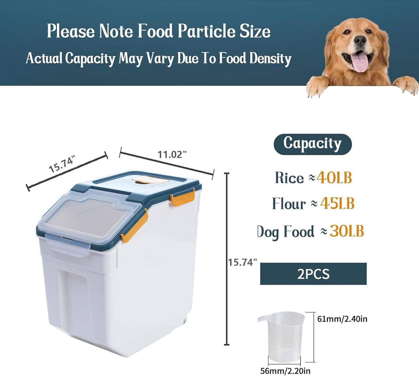 Airtight Flour Storage Container Bin 50lbs (2 Pack) - BPA Free Rice & Food Dispenser with Locking Lid, Measuring Cup & Scoop - Kitchen Pantry Organizer for Cereal, Grain, Pet Food (Blue)