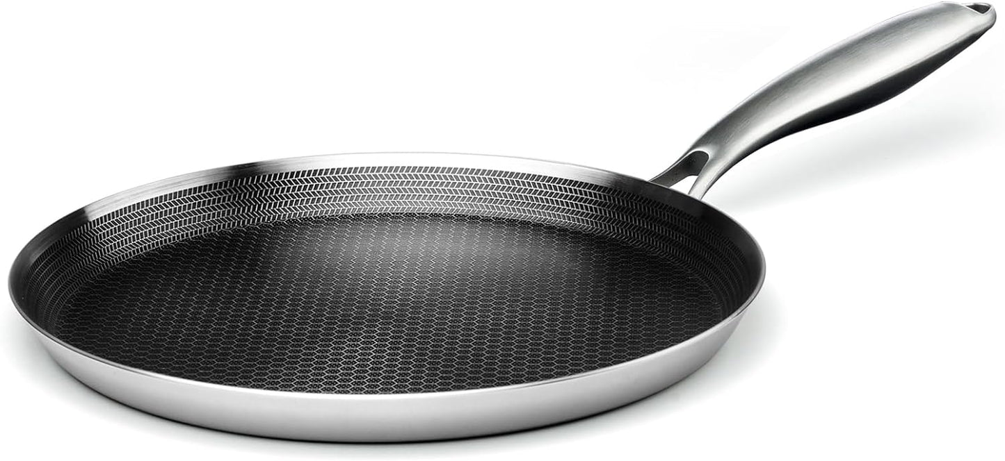 Stainless Steel Crepe Pan - 11inch Nonstick Crepe Pan, Stainless Steel Honeycomb Coating Pancake Pan, Non Stick Flat Skillet Tawa Dosa Tortilla Griddle Pan, Induction Compatible, PFOA Free