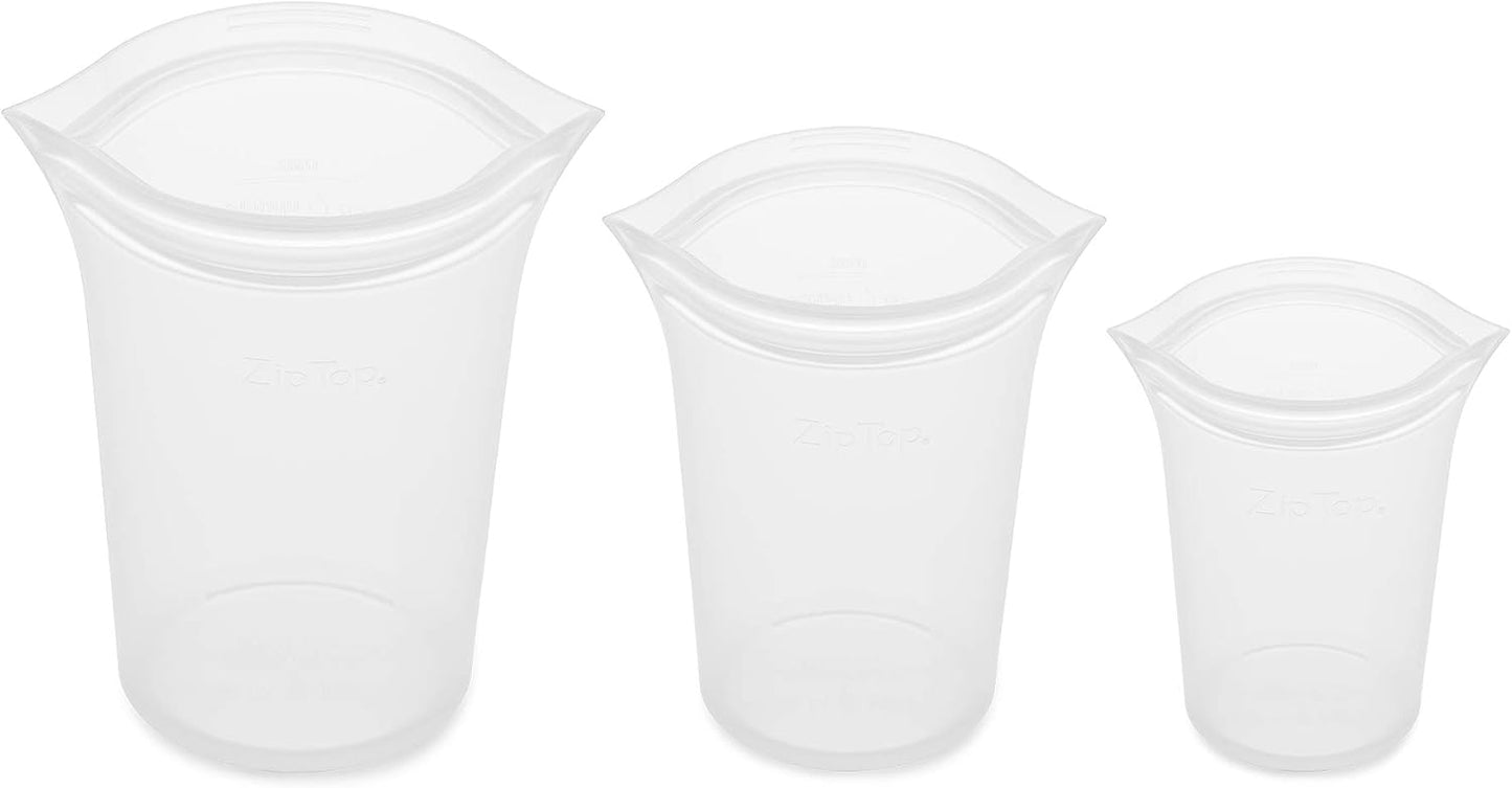 Zip Top Reusable Food Storage Bags | 3 Cup Set [Frost] | Silicone Meal Prep Container | Microwave, Dishwasher and Freezer Safe | Made in the USA