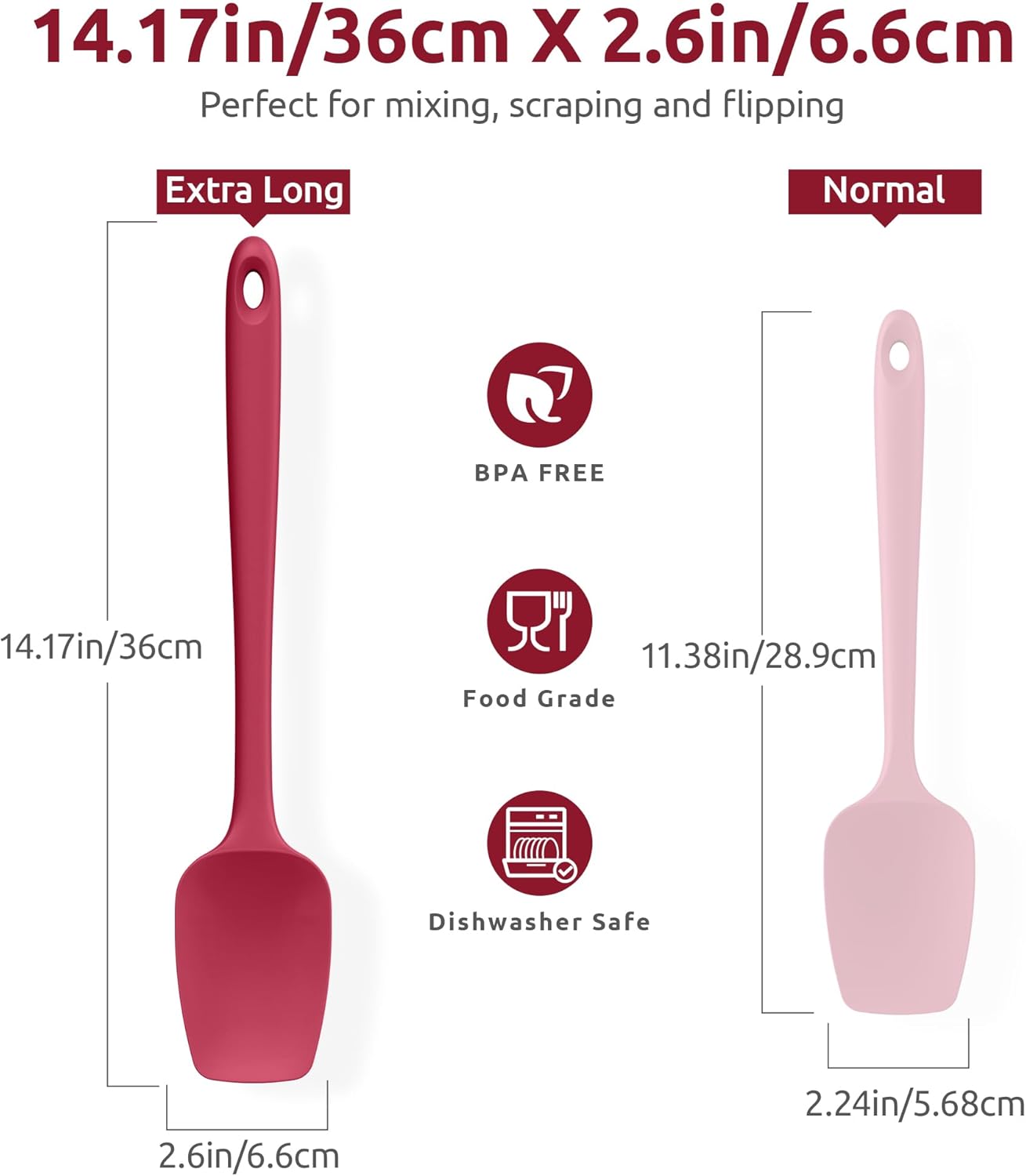 U-Taste Extra-Long 600ºF Heat Resistant Spatula Spoon: 14" Silicone Spoonula Cooking Utensils for Kitchen Use, Non-Stick Scoop Scraper with Soft Edge & Firm Core for Baking, Mixing, Serving (Red)