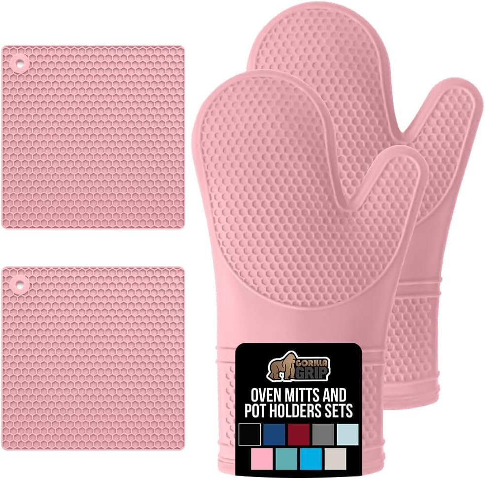 GORILLA GRIP BPA-Free Soft Silicone Oven Mitts and Pot Holders Sets of 4, Heat Resistant Waterproof Cooking Gloves, Thick Cotton Lining, Flexible Gripping for Baking Grilling, Kitchen Trivets, Pink
