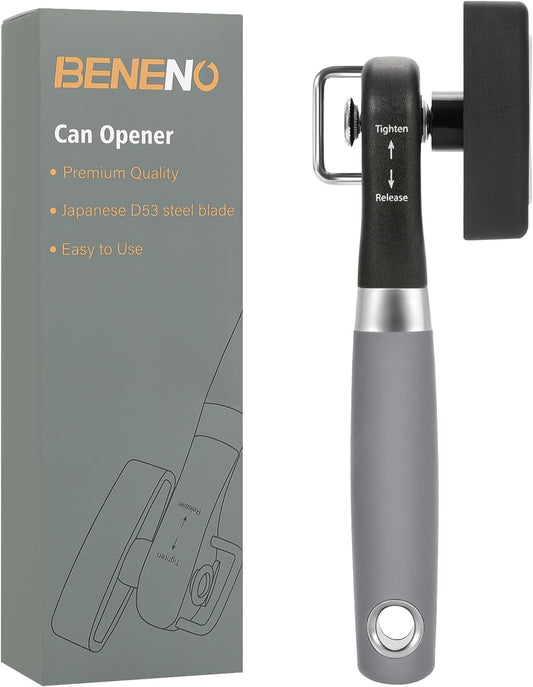 Beneno Can Opener, Manual Side Safe Cut Can Opener Smooth Edge with Durable Sharp Blade, Effort-Saving Knob & Comfortable Non-slip Handle, Gray