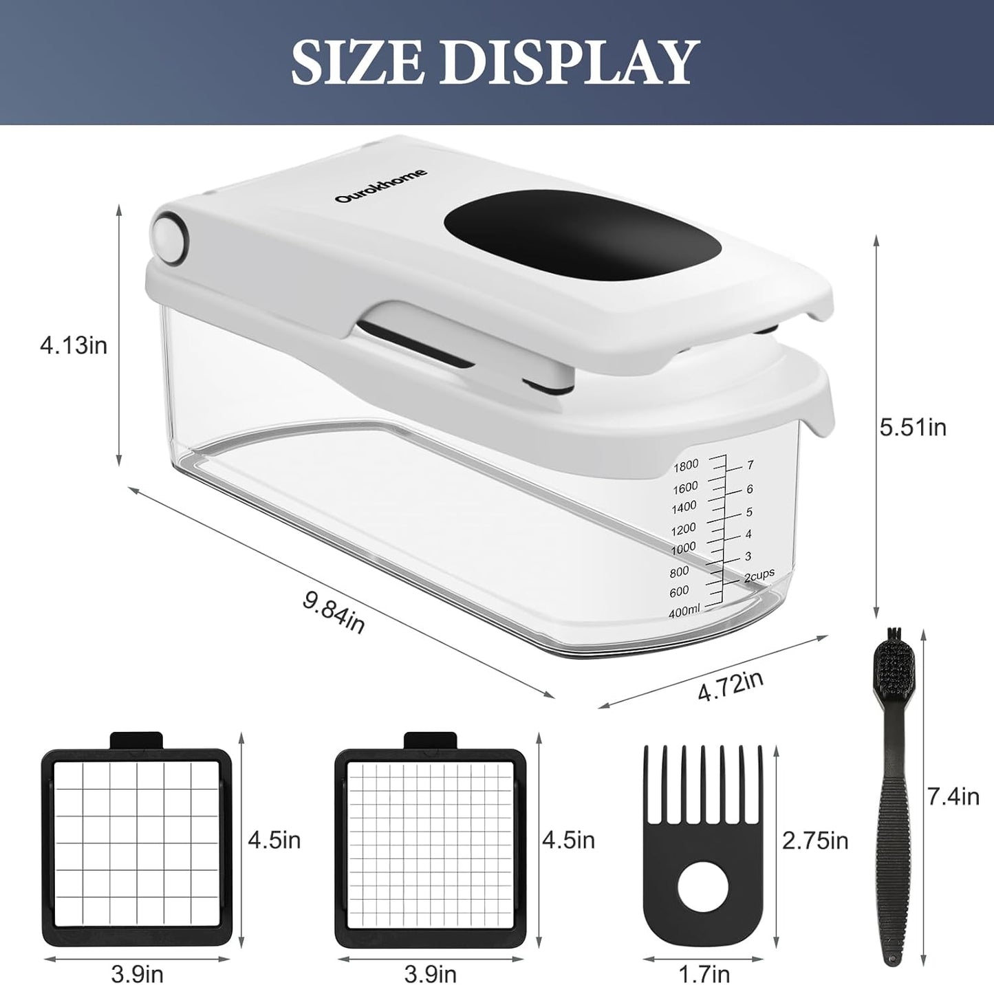 Ourokhome Chopper Vegetable Cutter with Container, Manual Hand Food Onion Dicer with 2 Chopping Blades for Potato Strips, Veggie Cubers, Carrot Sticks, Essential Kitchen Gadgets (2 in 1, White)