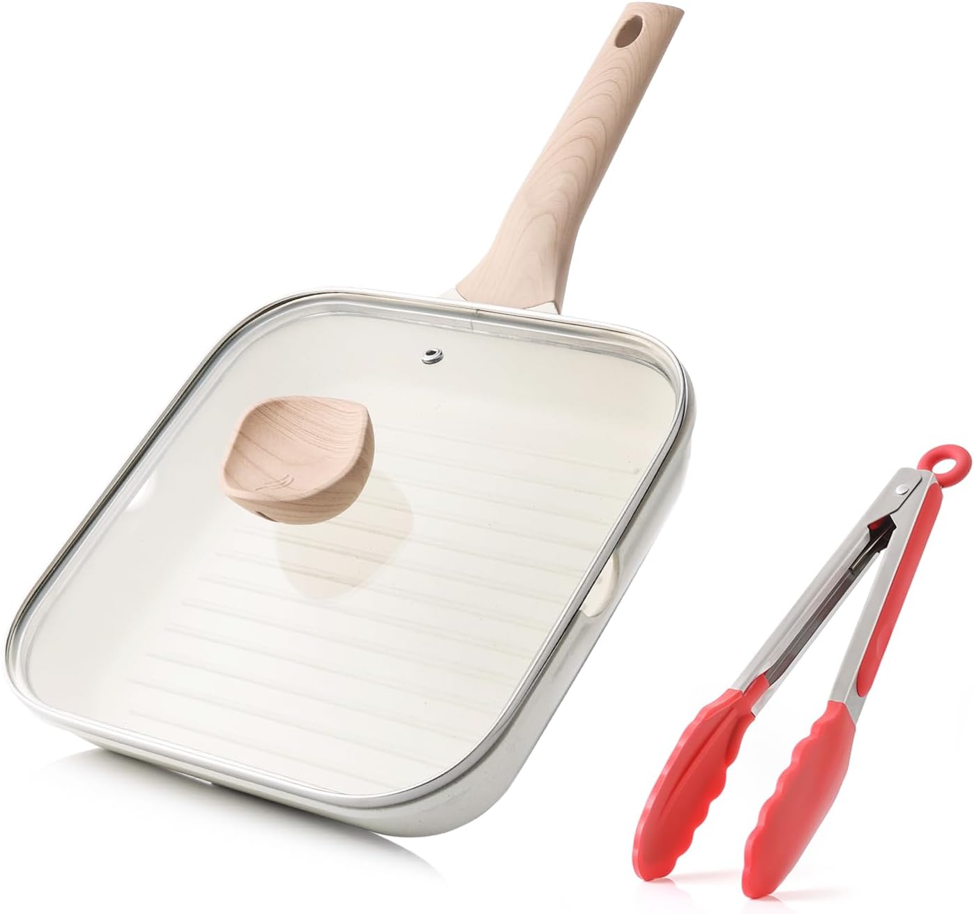 Nonstick Grilling Pan with Lid for Stove Tops, 9.5 Inch Square Grill Pan for Indoor Cooking, Healthy Coating Grill Skillet with Pour Spouts, Versatile Griddle, Induction Steak Pan, White