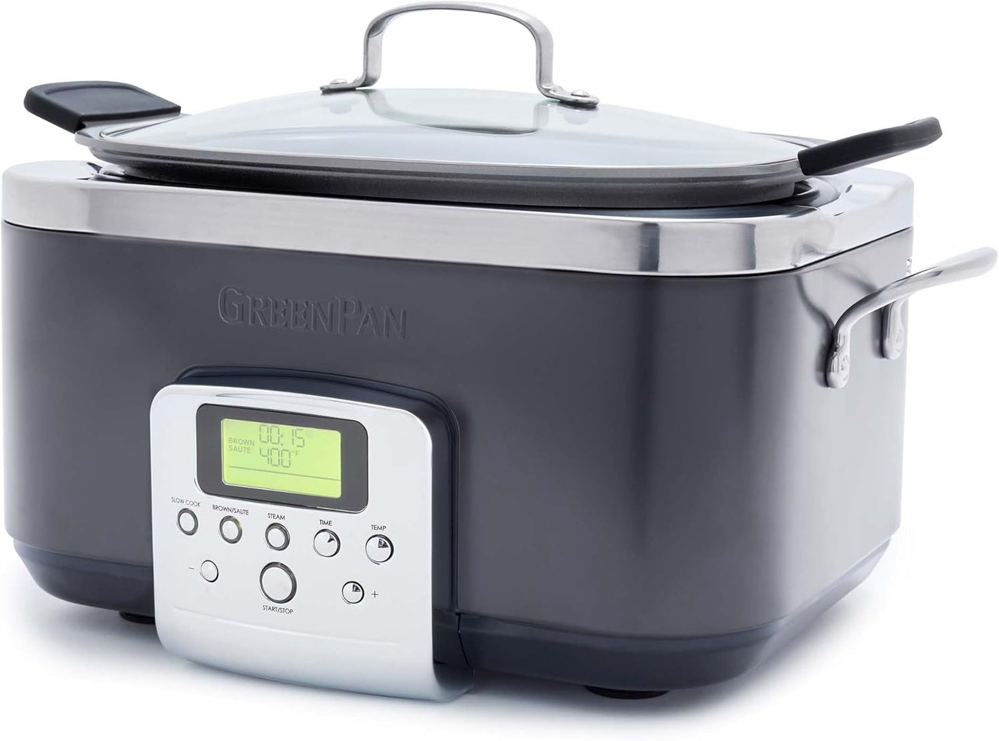 GreenPan Elite 8-in-1 Programmable 6QT Electric Slow Cooker, Dishwasher Safe Lid & Removable Crock, PFAS-Free Healthy Ceramic Nonstick Multi-Cooker, Sear,Sauté/Brown,Steam Basket,Roast, Graphite