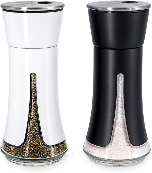 Farmhouse Salt and Pepper Shakers by Aelga - Salt Shaker with Adjustable Pour Holes for Himalayan, Kosher, Black and White