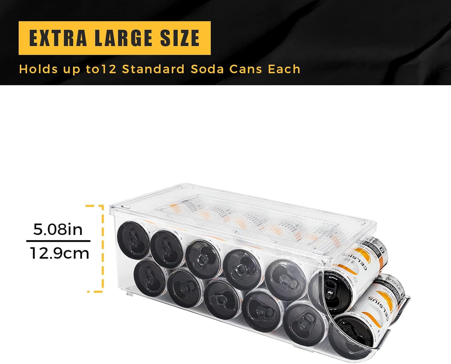 Skinny Can Organizer for Refrigerator, Stackable Tall Skinny Soda Pop Can Holder Dispenser with Lid for Fridge Pantry Rack Freezer, Clear Plastic Storage Bins-Holds 12 Slim Cans (See-through)