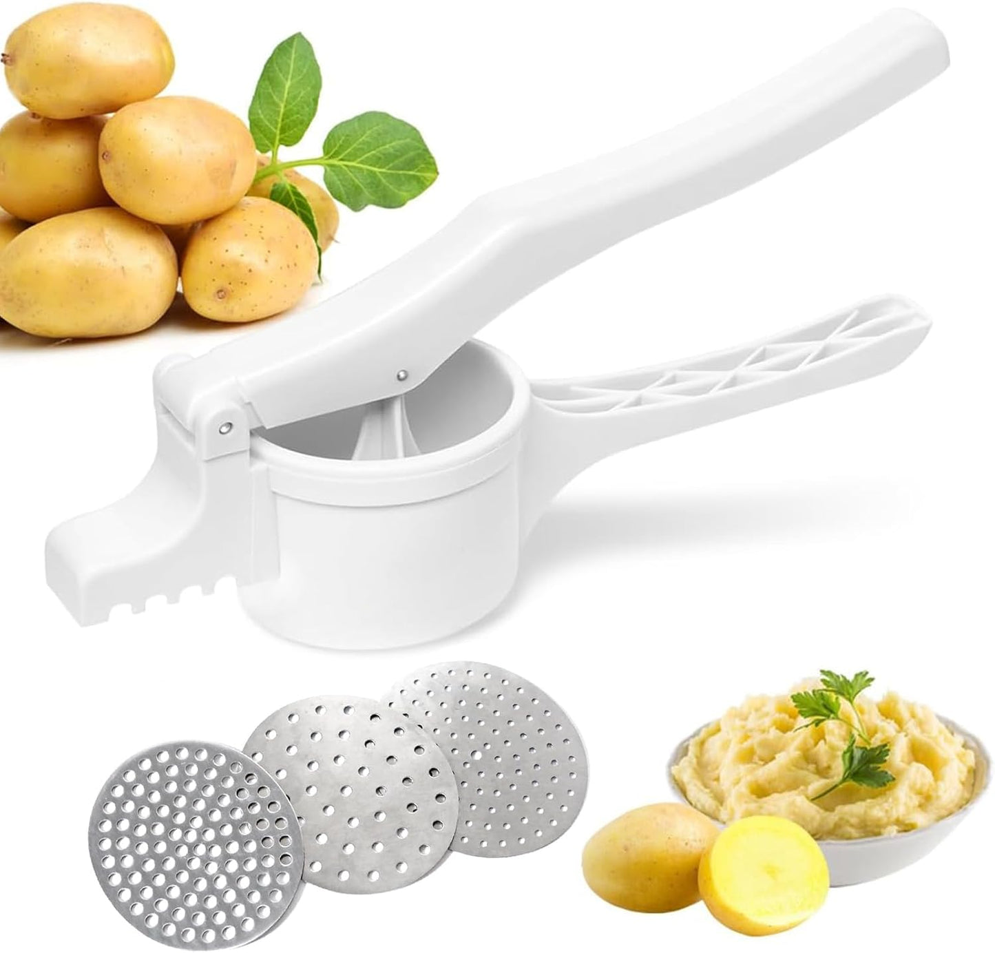 Potato Ricer and Masher with 3 Interchangeable Discs, Stainless Steel Discs, Large Capacity Potato Masher Kitchen Tool Labor-saving Handle Great for Baby Food and juices