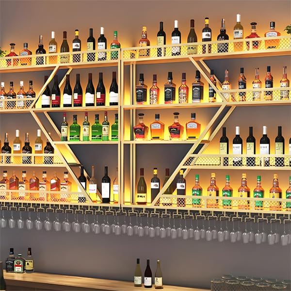 94.48in Metal Wine Rack Wall Mounted, Modern Wine Storage Rack Wall Mounted with Wine Glass Holder, Liquor Shelf, Bar Shelves for Liquor Bottles (4 Tiers Black, 94.48 * 7.87 * 33.85INCH)