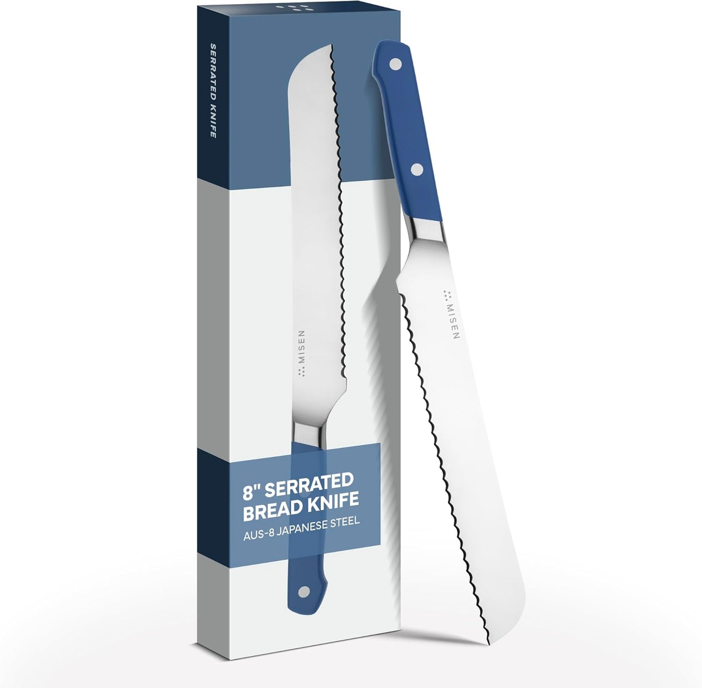 Misen Serrated Bread Knife – High-Carbon Japanese AUS8 Steel – Effortless Slicing of Bread, Pastries, and Fruits – Razor-Sharp Edge and Durable Blade with Ergonomic Handle - 8", Blue