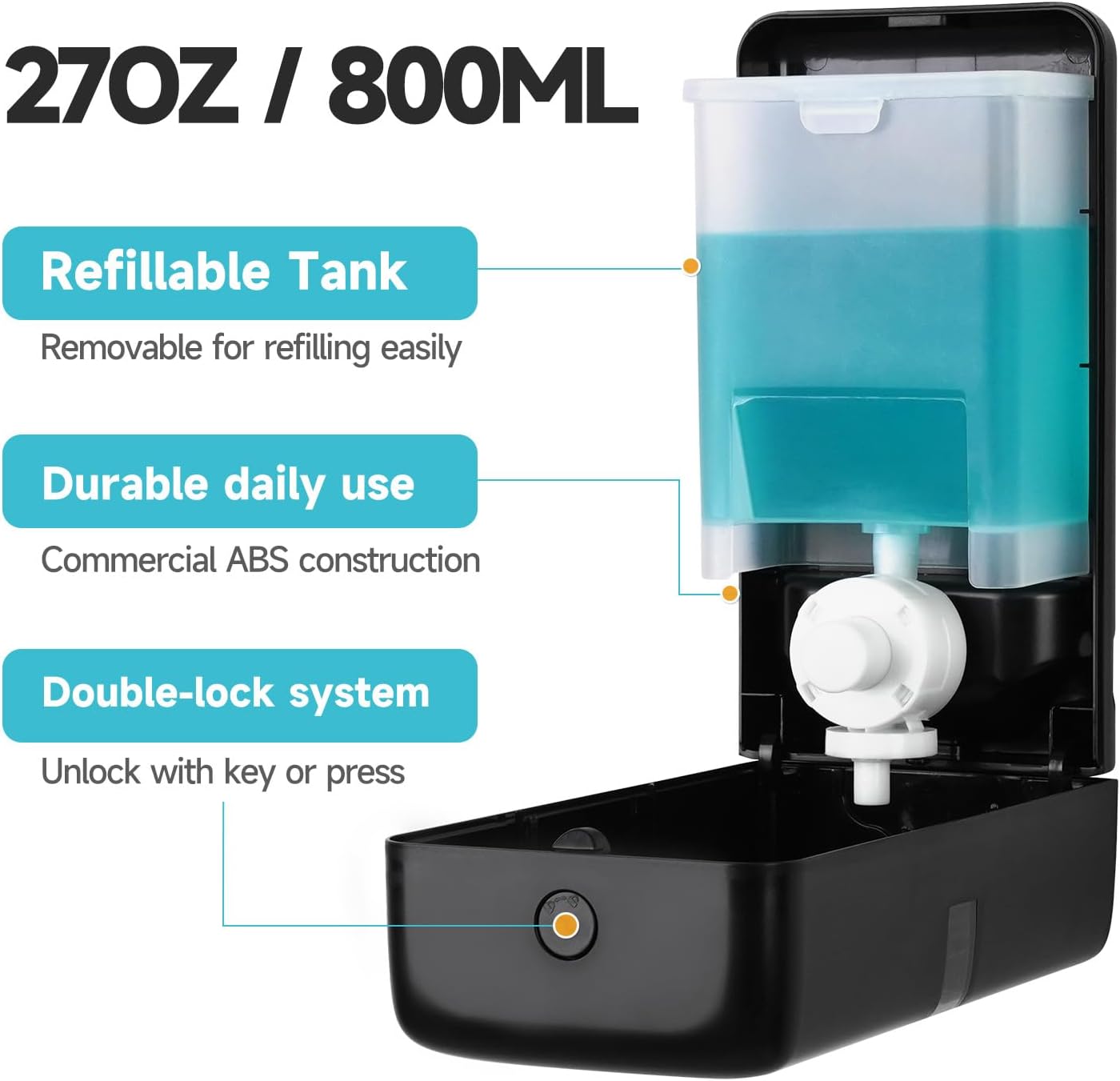 AIKE Wall Mount Liquid Soap Dispenser, 27oz Large Capacity with Extended Pump for Commercial Bathrooms(Black)