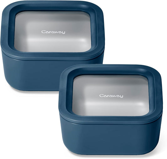 Caraway 2pc Glass Food Storage Set - 4.4 Cup Food Containers (2) - Ceramic Coated - Non Toxic, Non Stick Lunch with Lids - Dishwasher, Oven, & Microwave Safe - Navy