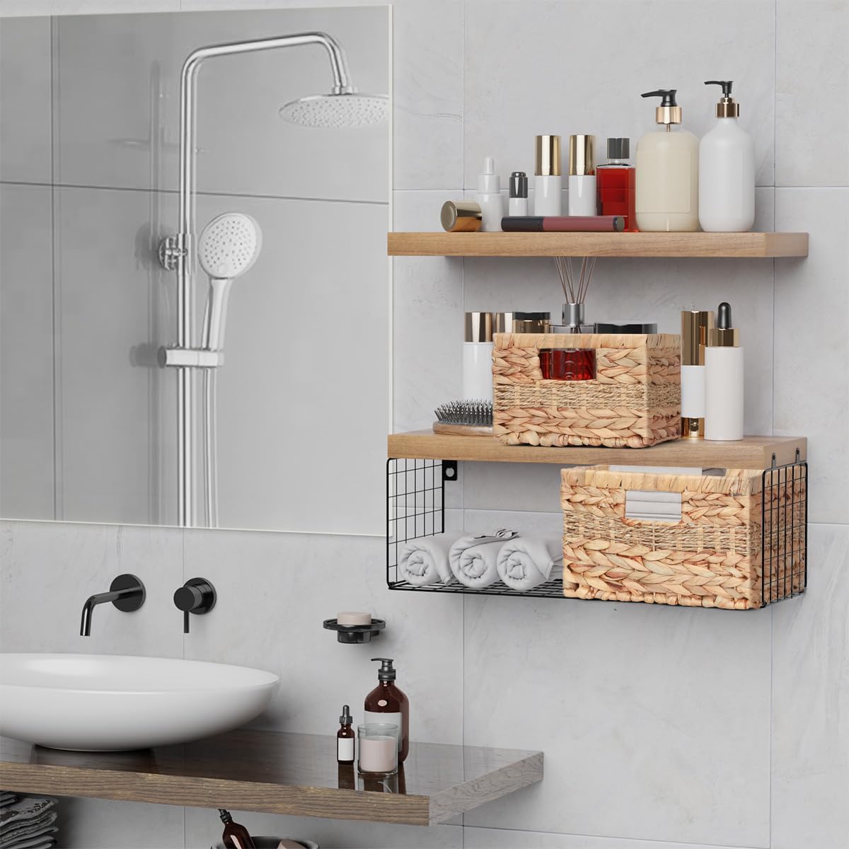 Wicker Storage Baskets with Built-in Handles, Natural Water Hyacinth and Seagrass, Decorative Handmade Storage Baskets for Organizing, Set of 2, Large and Small