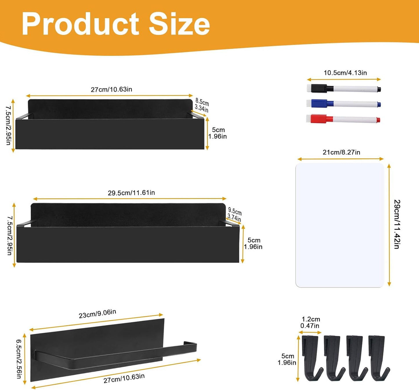 4 Pack Magnetic Spice Rack for Refrigerator,Metal Magnetic Shelf Black with Paper Towel Holder,Whiteboard,3 Markers,4 Hooks,Space Saving for Home,Kitchen