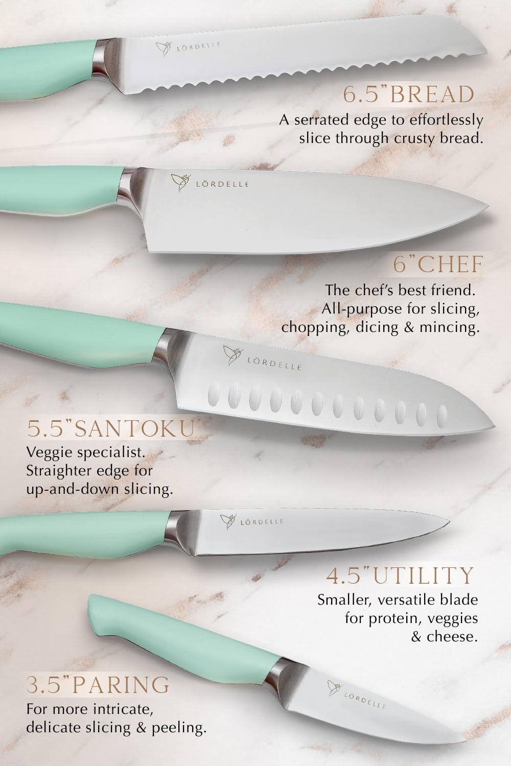 Lordelle Knife Block Set - 5 Piece Set - Coastal Green - Lifestyle Home Kitchen Design - German X50 Stainless Steel - ABS Handle - Ash Wood Block - Cooking Chef Knife, Santoku, Paring, Utility