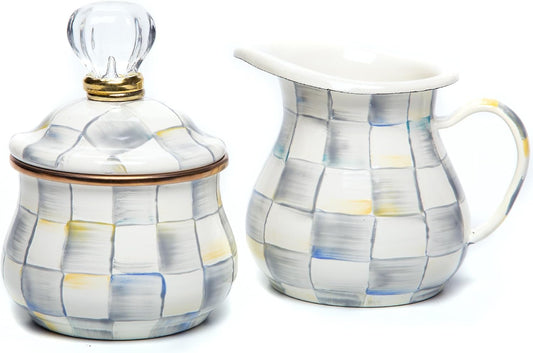 MACKENZIE-CHILDS Enamel Creamer and Sugar-Bowl Set, Cream Dispenser and Sugar Holder, Unique Kitchen Decor, Gray-and-White Sterling Check